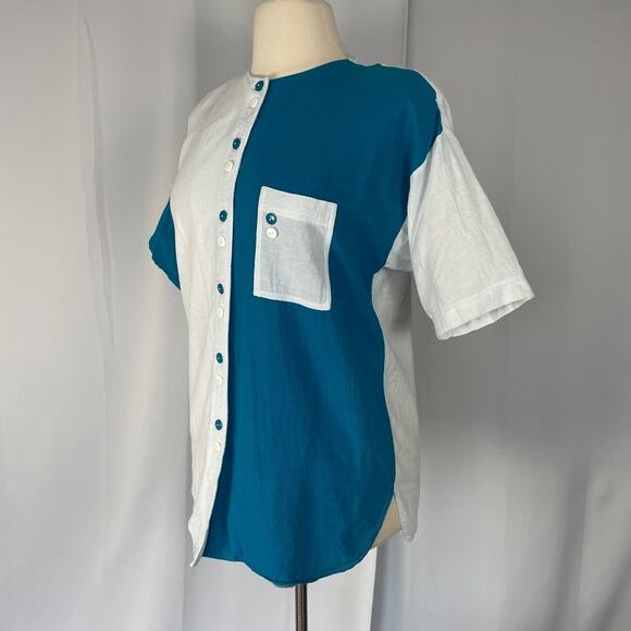 Casual Top Size Medium White Blue Colorblock Contrast Baseball Button Cotton - Picture 6 of 12